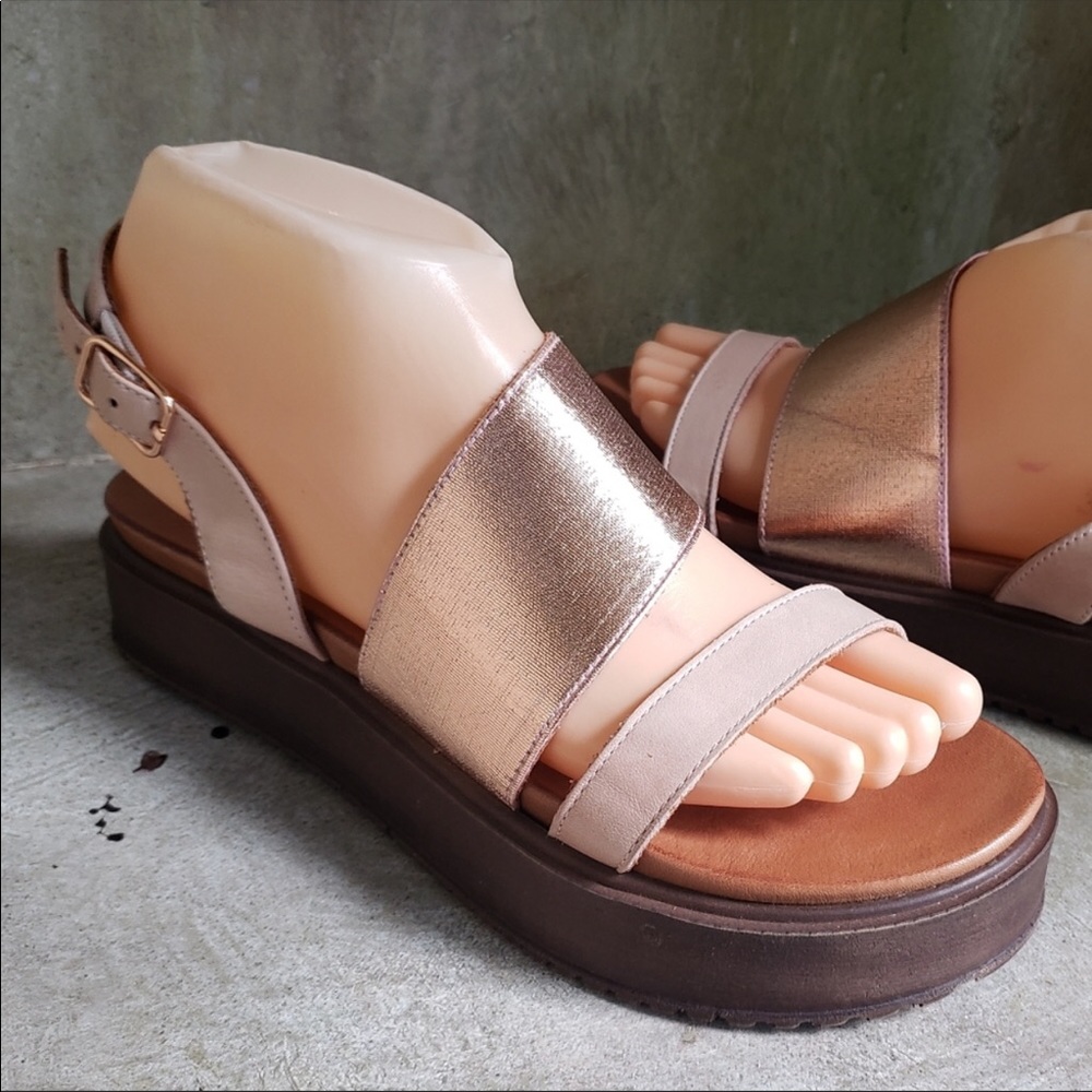 Miz Mooz Metallic Rose Gold and Tan Sandals